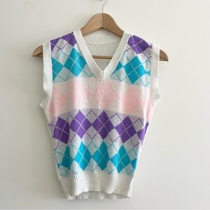 Vintage Knit Argyle Pattern Sweater Vest Pink Purple Blue No Tag Women’s XS/S
